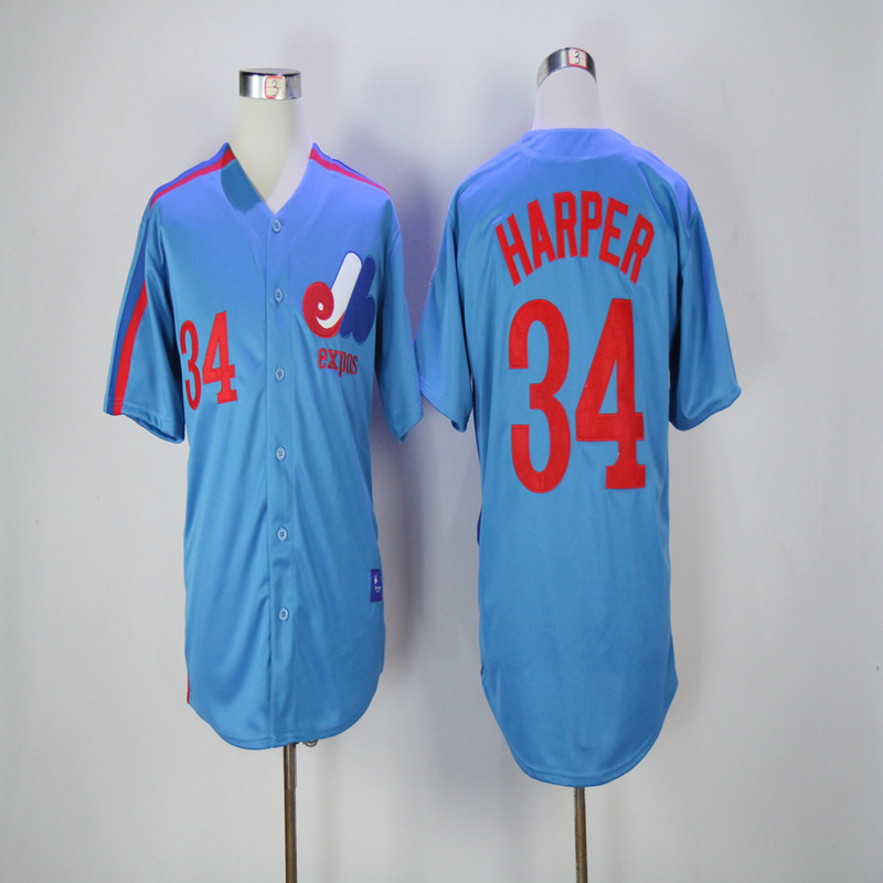 2017 MLB Montreal Expos #34 Harper Blue Throwback Jerseys->milwaukee brewers->MLB Jersey